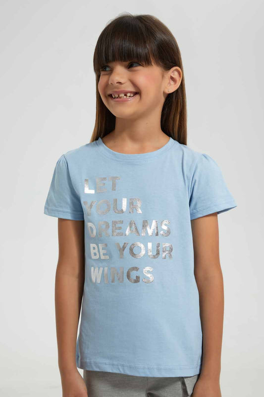 Redtag-Sky-Blue-Girls-Foil-Printed-T-Shirt-Graphic-T-Shirts-Girls-2 to 8 Years