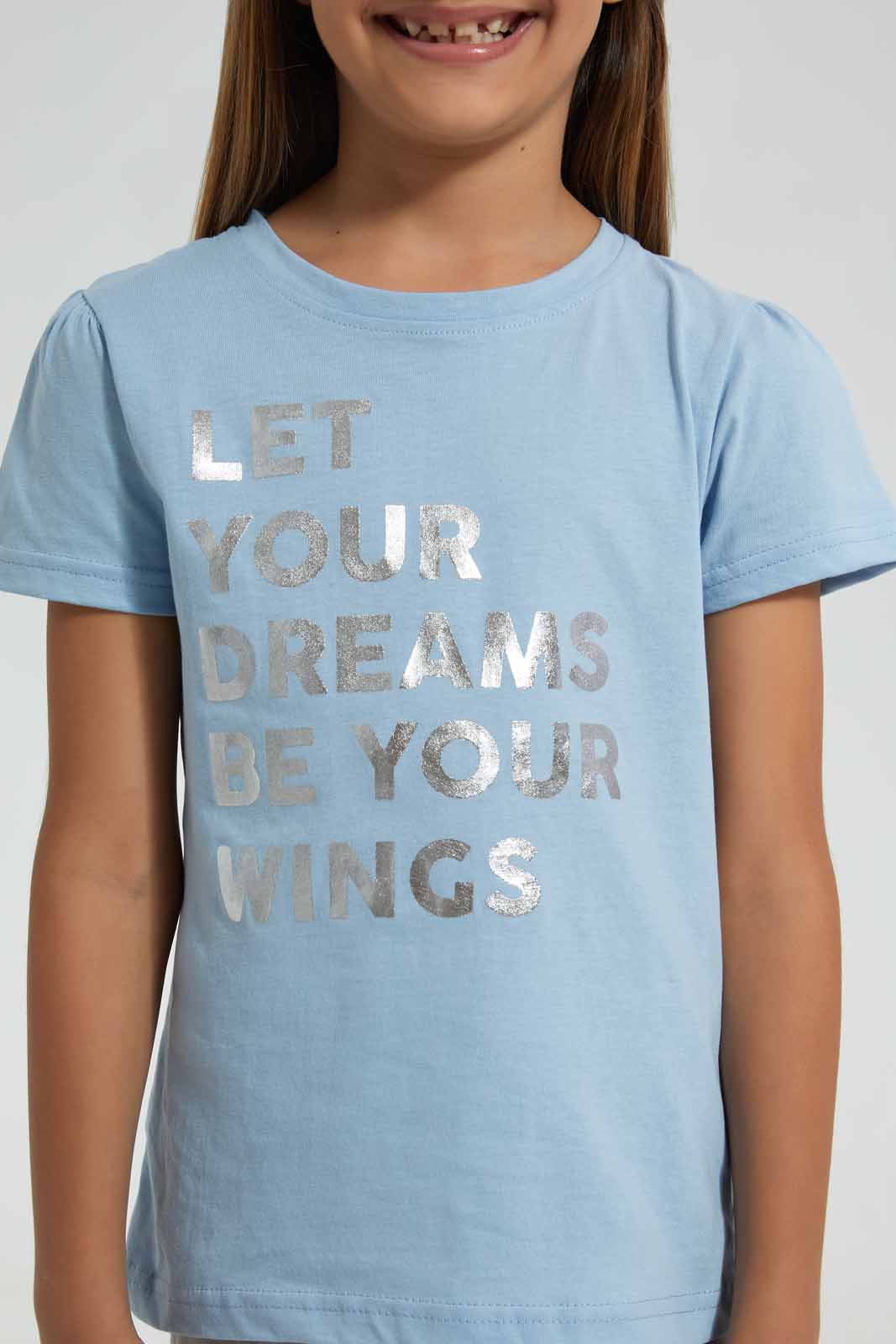 Redtag-Sky-Blue-Girls-Foil-Printed-T-Shirt-Graphic-T-Shirts-Girls-2 to 8 Years