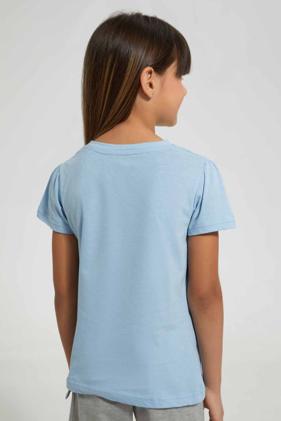 Redtag-Sky-Blue-Girls-Foil-Printed-T-Shirt-Graphic-T-Shirts-Girls-2 to 8 Years