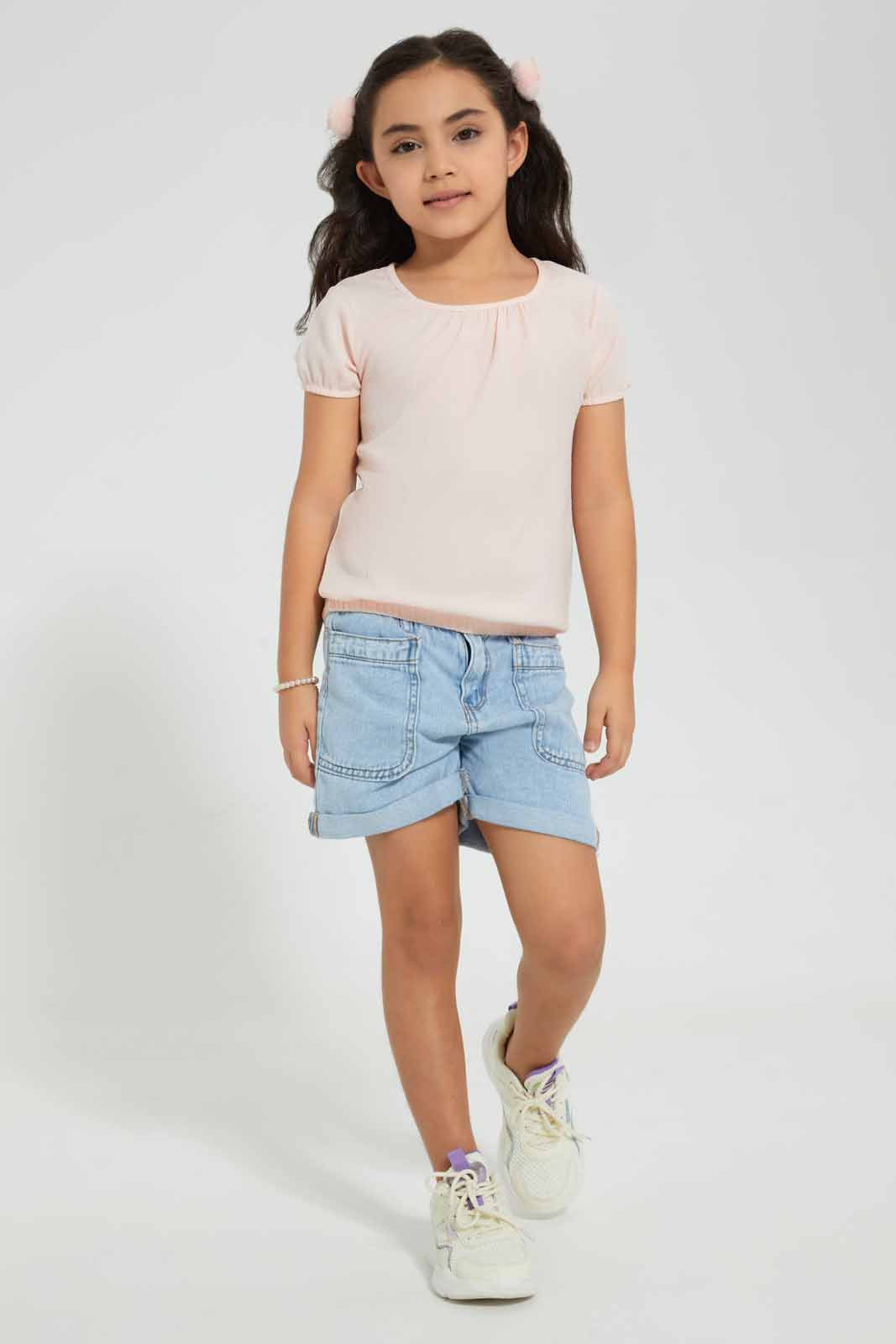 Redtag-Lt.-Wash-Girls-Denim-Short-Denim-Shorts-Girls-2 to 8 Years
