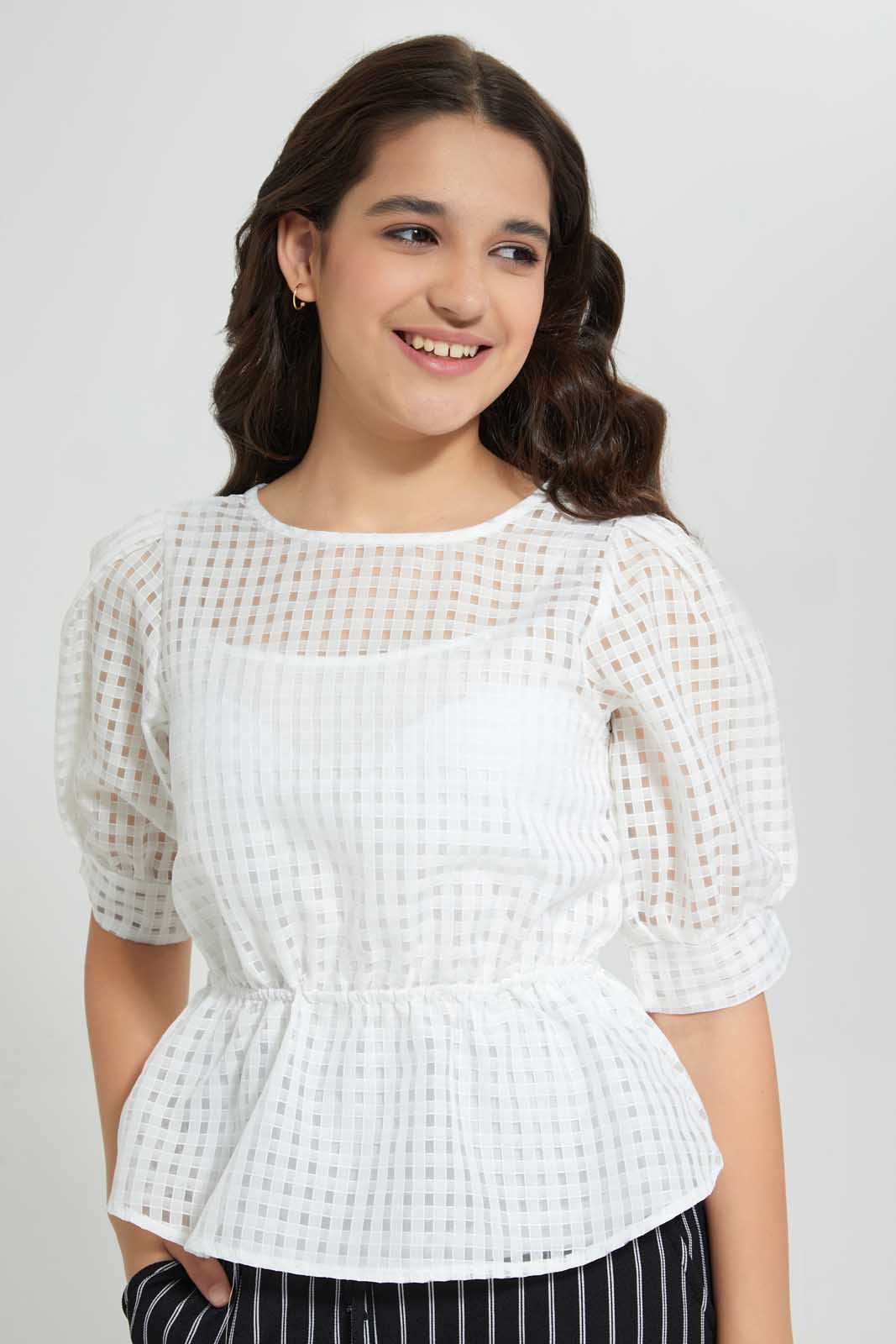 Redtag-White-Organza-Peplum-Top-Blouses-Senior-Girls-9 to 14 Years