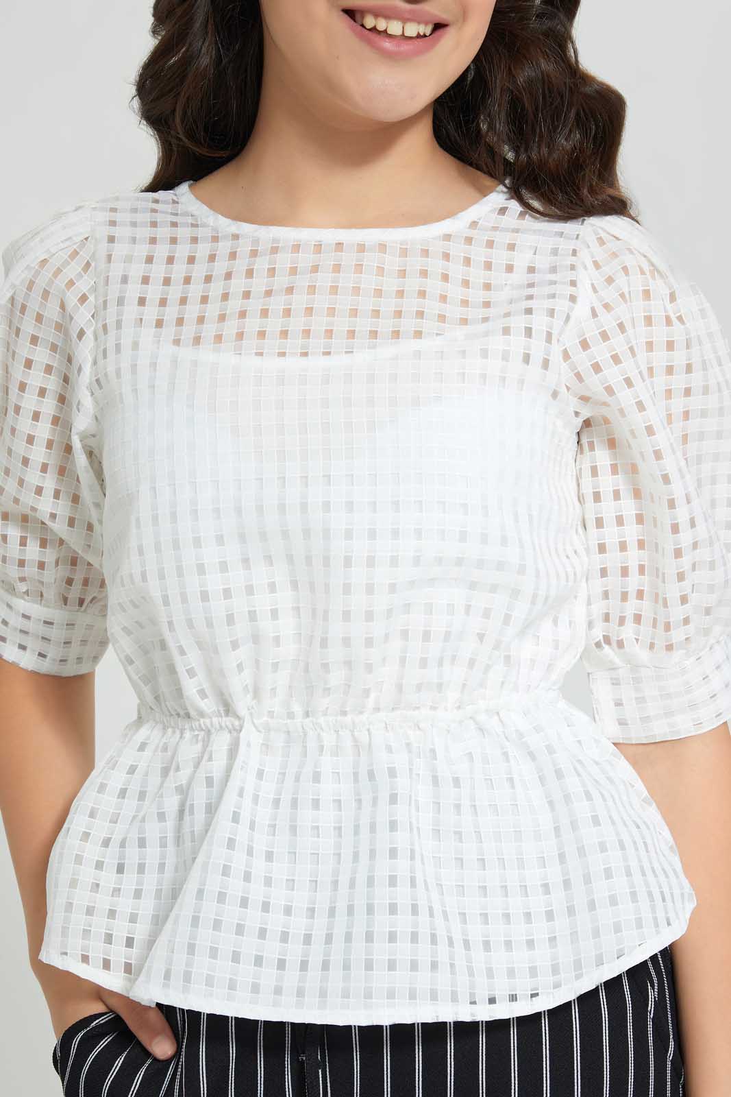 Redtag-White-Organza-Peplum-Top-Blouses-Senior-Girls-9 to 14 Years
