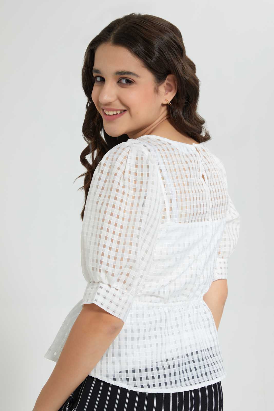 Redtag-White-Organza-Peplum-Top-Blouses-Senior-Girls-9 to 14 Years