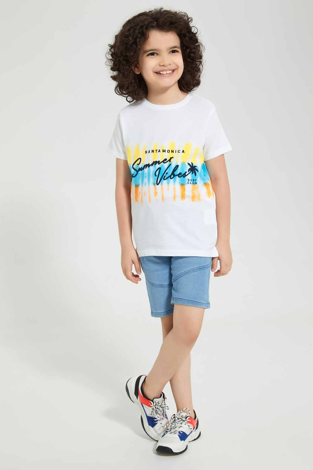 Redtag-White-Summer-Vibes-Emb-T-Shirt-Graphic-T-Shirts-Boys-2 to 8 Years
