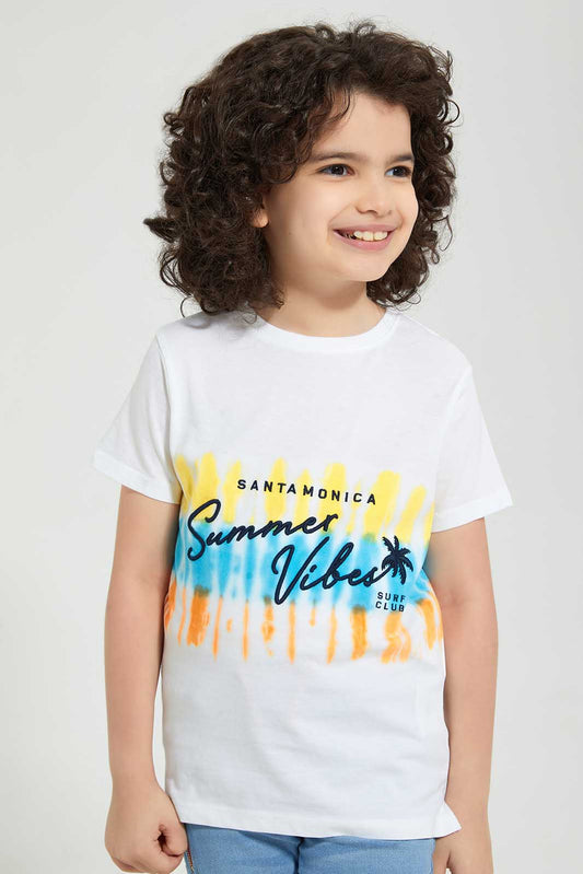 Redtag-White-Summer-Vibes-Emb-T-Shirt-Graphic-T-Shirts-Boys-2 to 8 Years