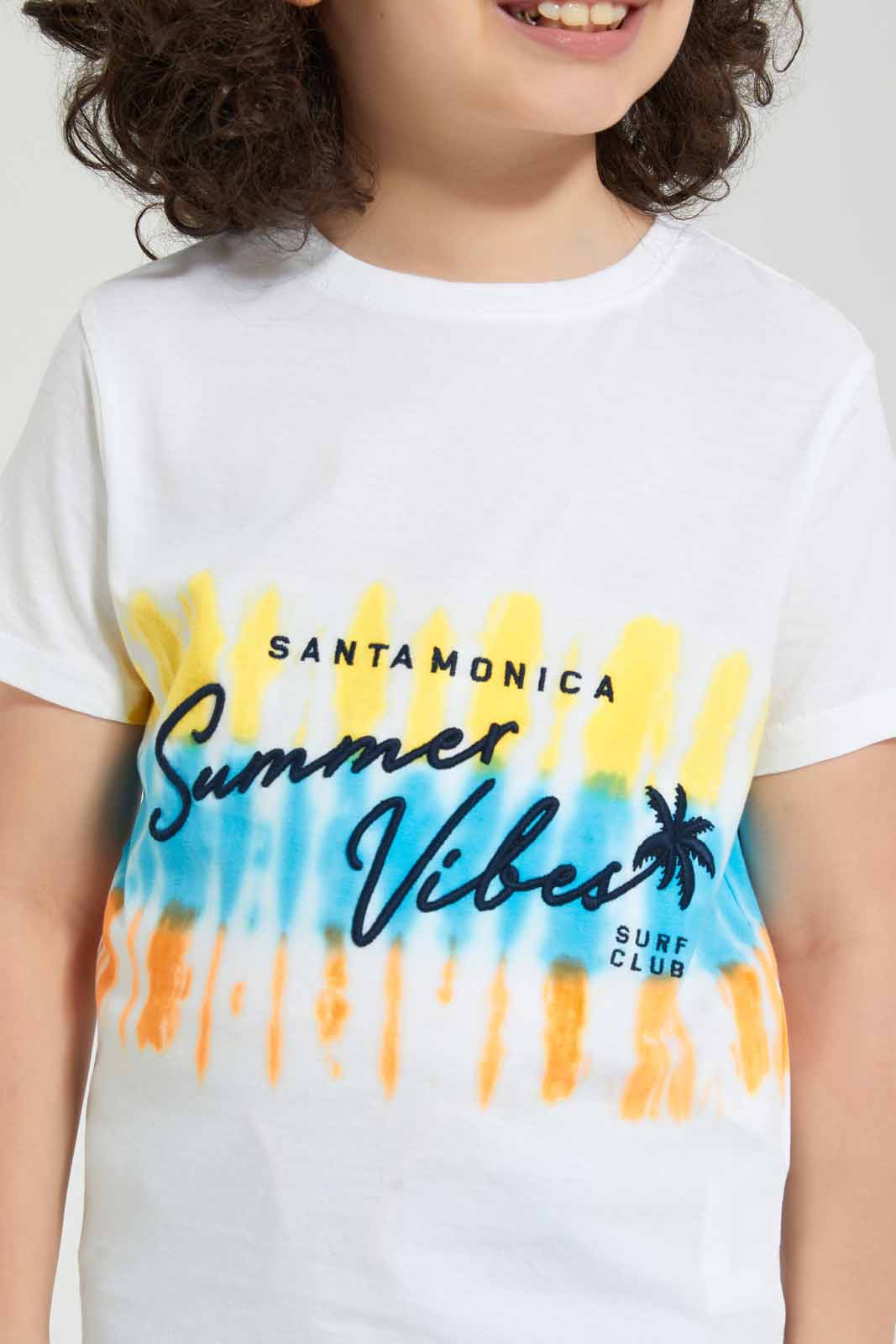 Redtag-White-Summer-Vibes-Emb-T-Shirt-Graphic-T-Shirts-Boys-2 to 8 Years
