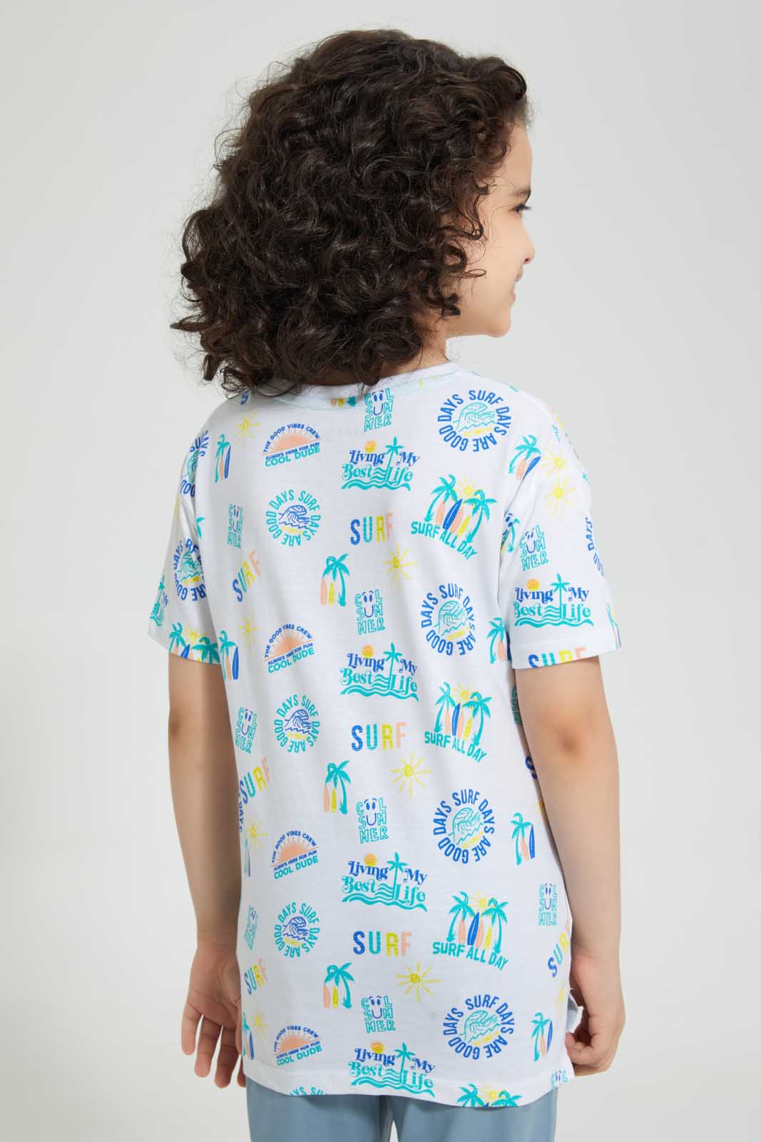 Redtag-White-Aop-Embossed-T-Shirt-All-Over-Prints-T-Shirts-Boys-2 to 8 Years