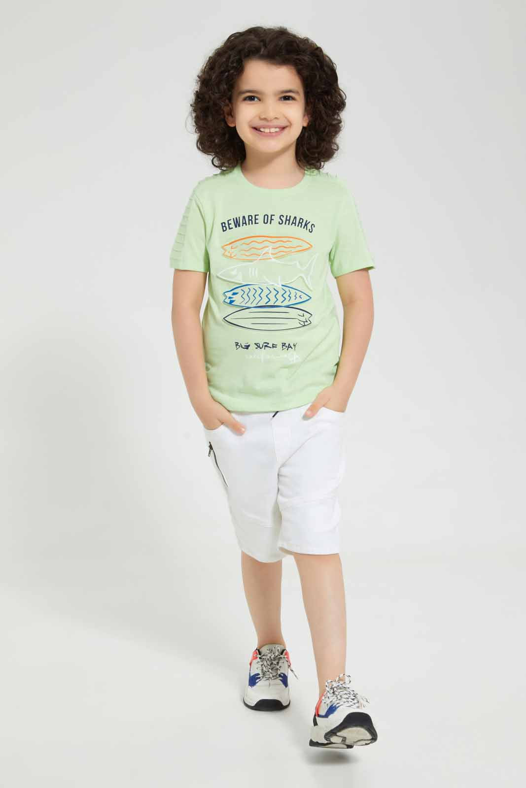 Redtag-Pale-Green-Shark-Embossed-T-Shirt-Graphic-T-Shirts-Boys-2 to 8 Years