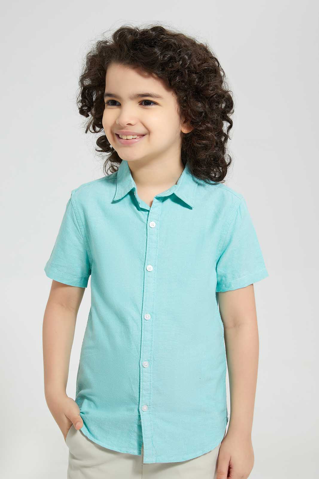 Redtag-Green-Oxford-Short-Sleeve-Short-Sleeve-Casual-Shirts-Boys-2 to 8 Years