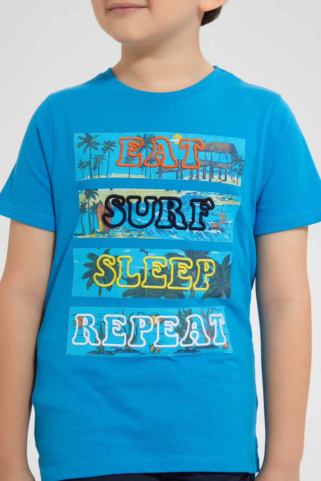 Redtag-Blue-Puff-Eat-Sleep-Print-T-Shirt-Graphic-T-Shirts-Boys-2 to 8 Years