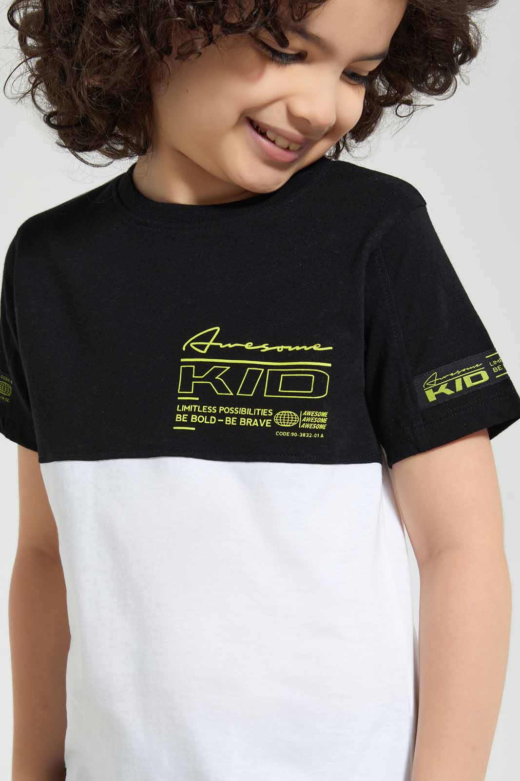 Redtag-Black-Paneled-Print-T-Shirt-Graphic-T-Shirts-Boys-2 to 8 Years