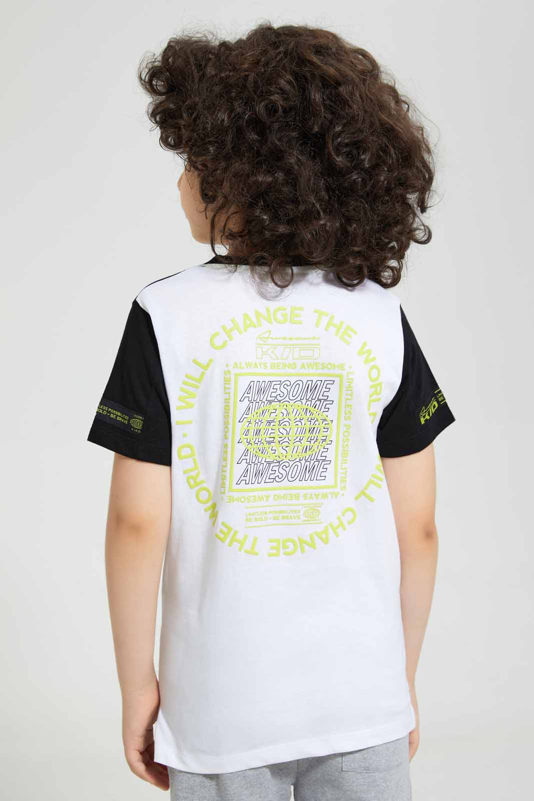 Redtag-Black-Paneled-Print-T-Shirt-Graphic-T-Shirts-Boys-2 to 8 Years