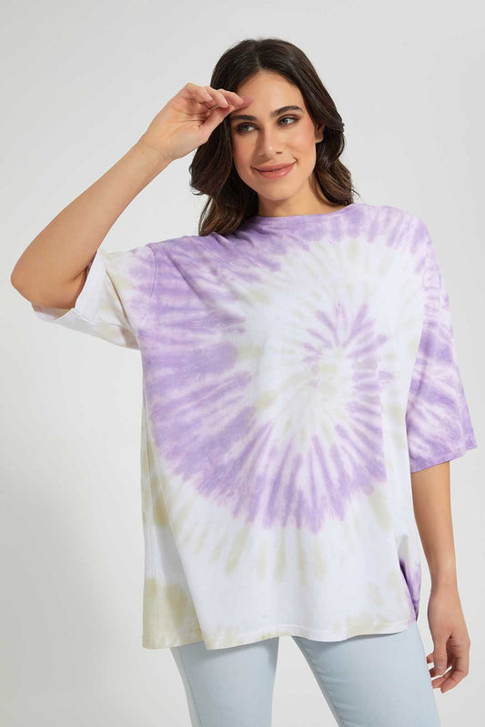 Redtag-White-Tie-Dye-Oversized-T-Shirt-Category:T-Shirts,-Colour:Lilac,-Colour:White,-Deals:Sale,-Filter:Women's-Clothing,-S22C,-Sale-Women-APL,-Section:Women,-Women-T-Shirts-Women's-