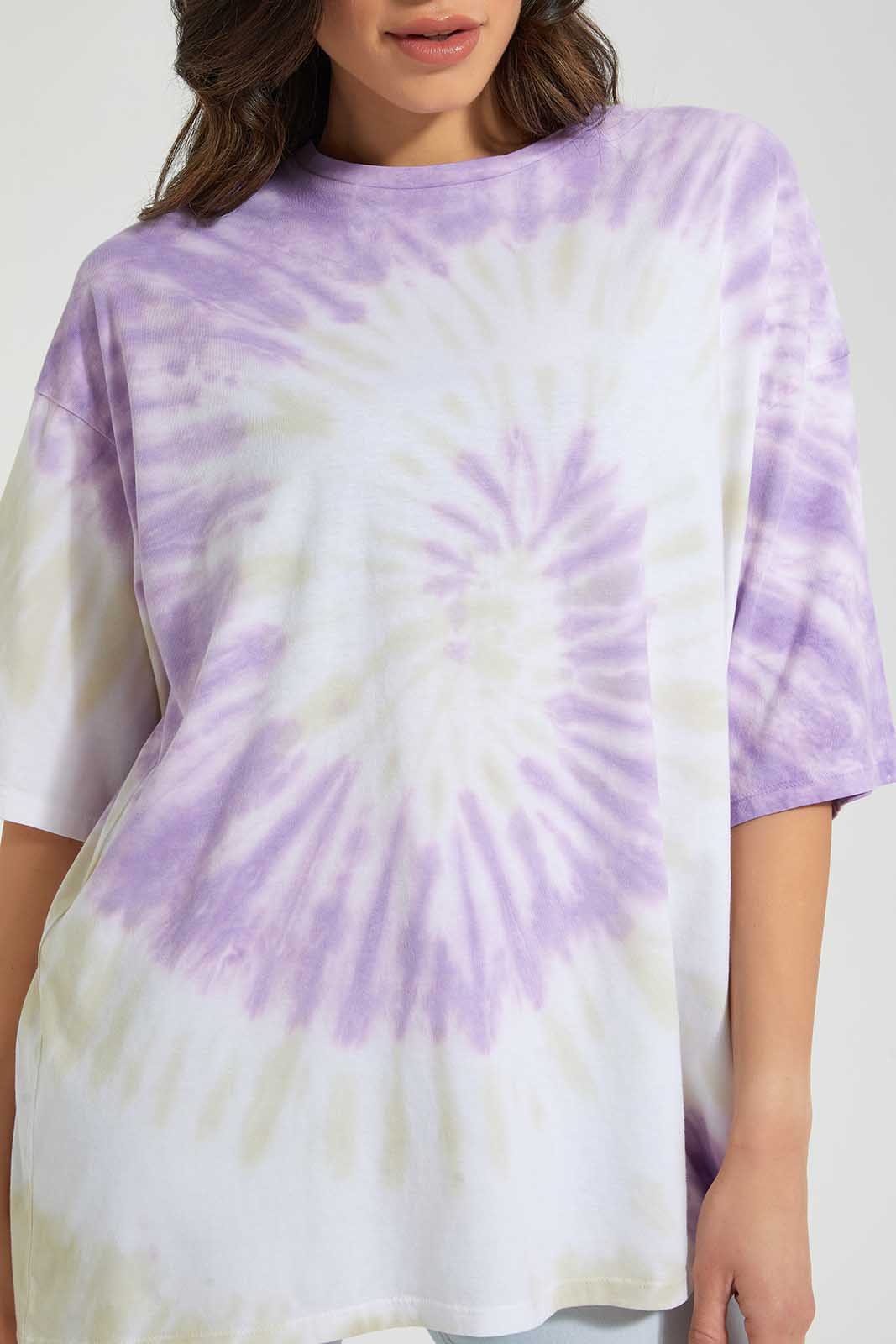 Redtag-White-Tie-Dye-Oversized-T-Shirt-Category:T-Shirts,-Colour:Lilac,-Colour:White,-Deals:Sale,-Filter:Women's-Clothing,-S22C,-Sale-Women-APL,-Section:Women,-Women-T-Shirts-Women's-