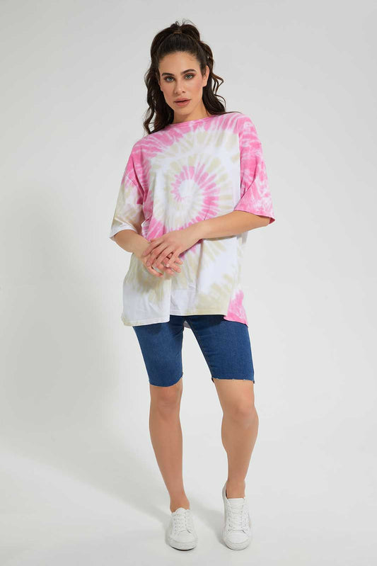 Redtag-Pink-And-White-Tie-Dye-Oversized-T-Shirt-Category:T-Shirts,-Colour:Pink,-Colour:White,-Deals:Sale,-Filter:Women's-Clothing,-S22C,-Sale-Women-APL,-Section:Women,-Women-T-Shirts-Women's-