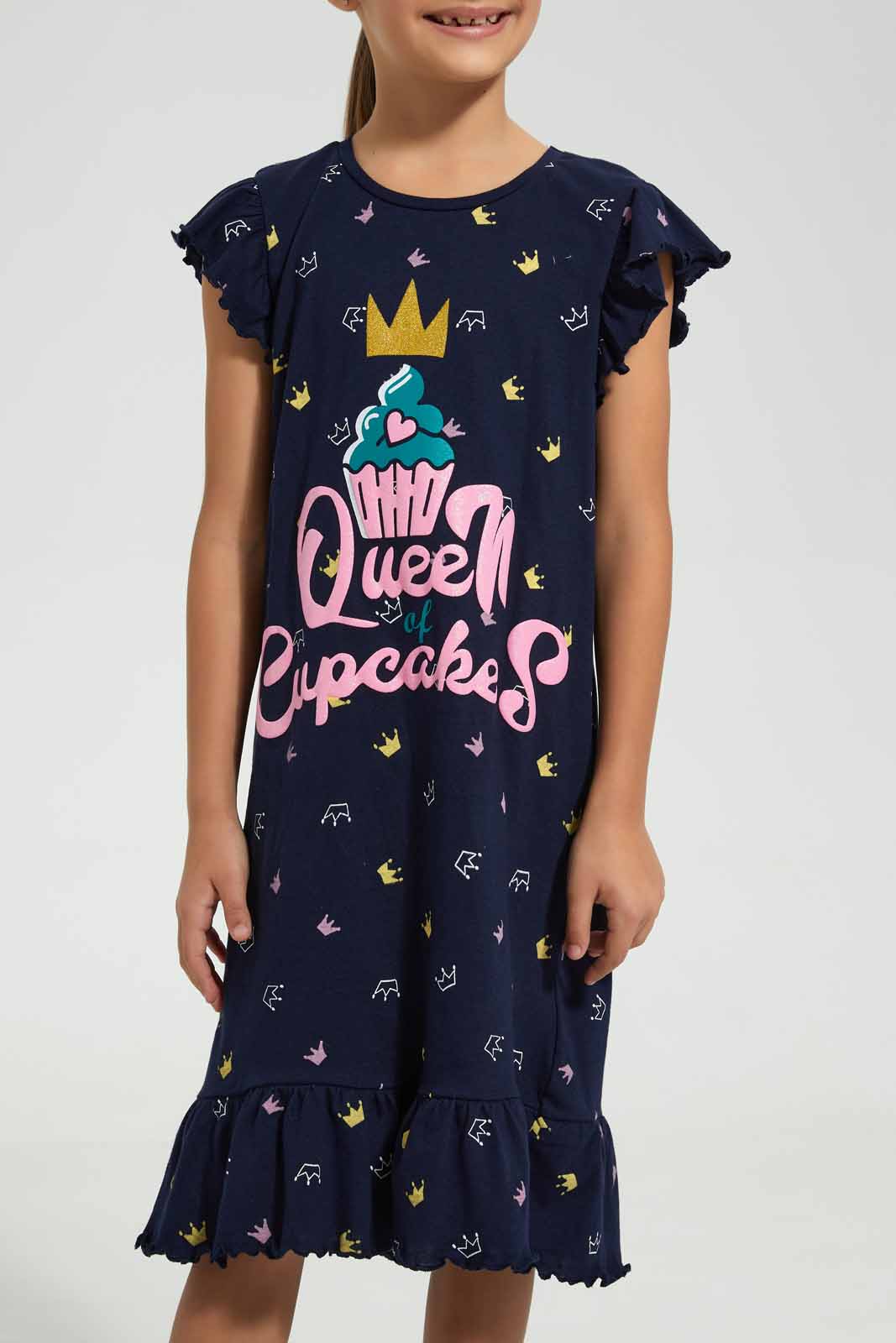 Redtag-Navy-Nightshirt-With-Placement-Print-&-Aop-Nightshirts-Girls-2 to 8 Years