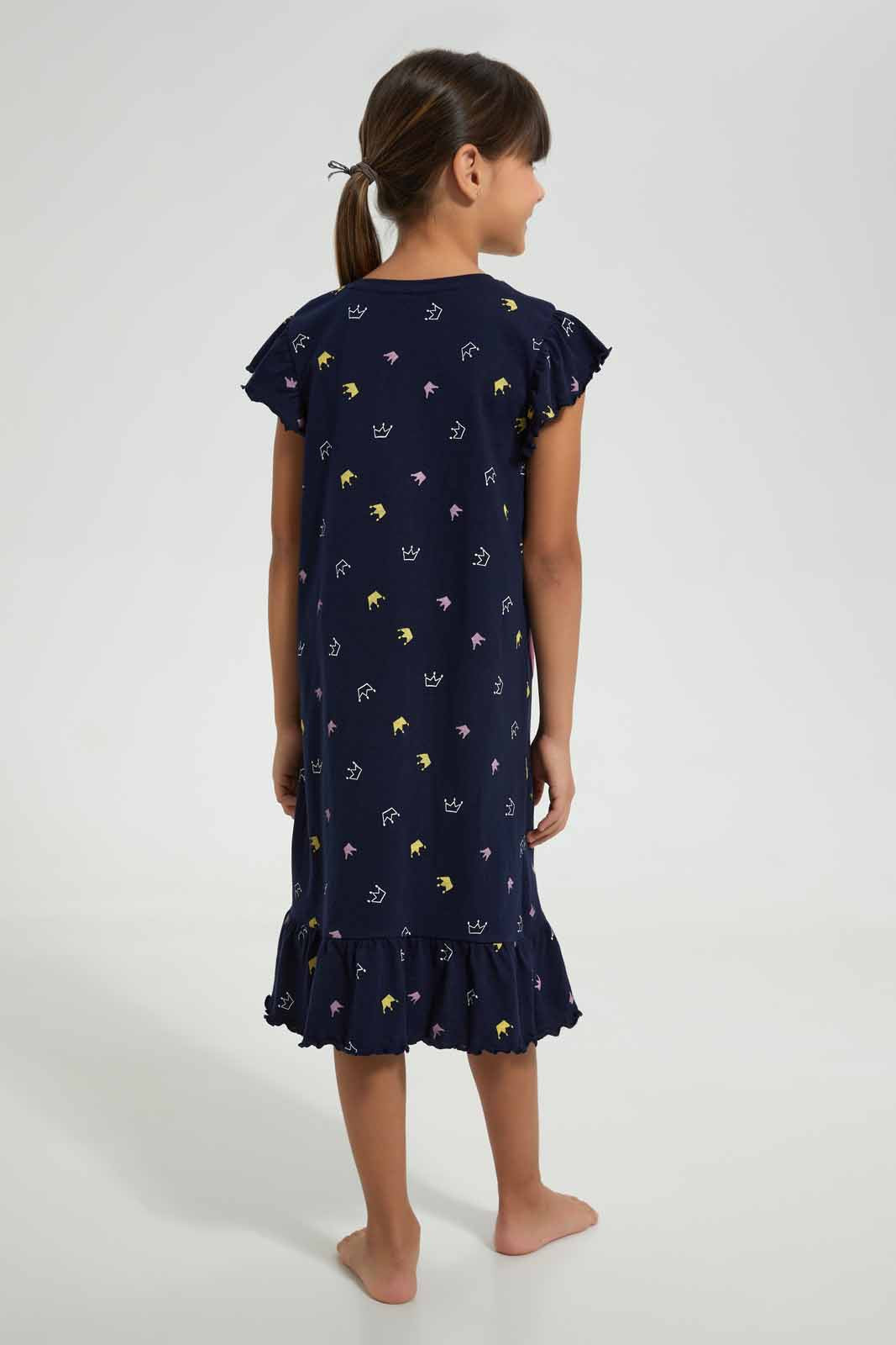 Redtag-Navy-Nightshirt-With-Placement-Print-&-Aop-Nightshirts-Girls-2 to 8 Years