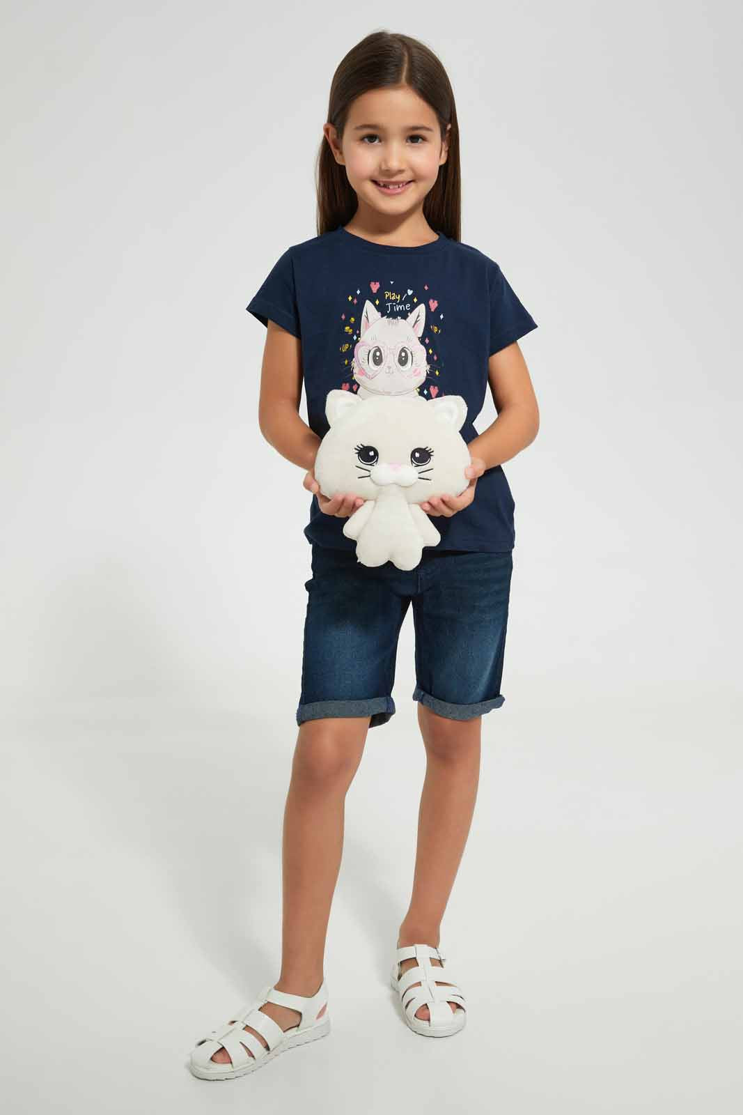 Redtag-Navy-Girls-Printed-T-Shirt-Graphic-T-Shirts-Girls-2 to 8 Years