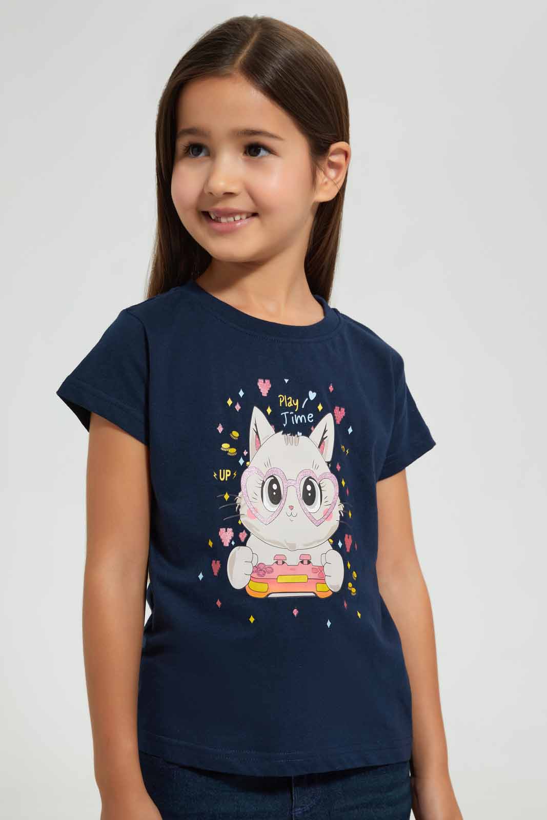 Redtag-Navy-Girls-Printed-T-Shirt-Graphic-T-Shirts-Girls-2 to 8 Years