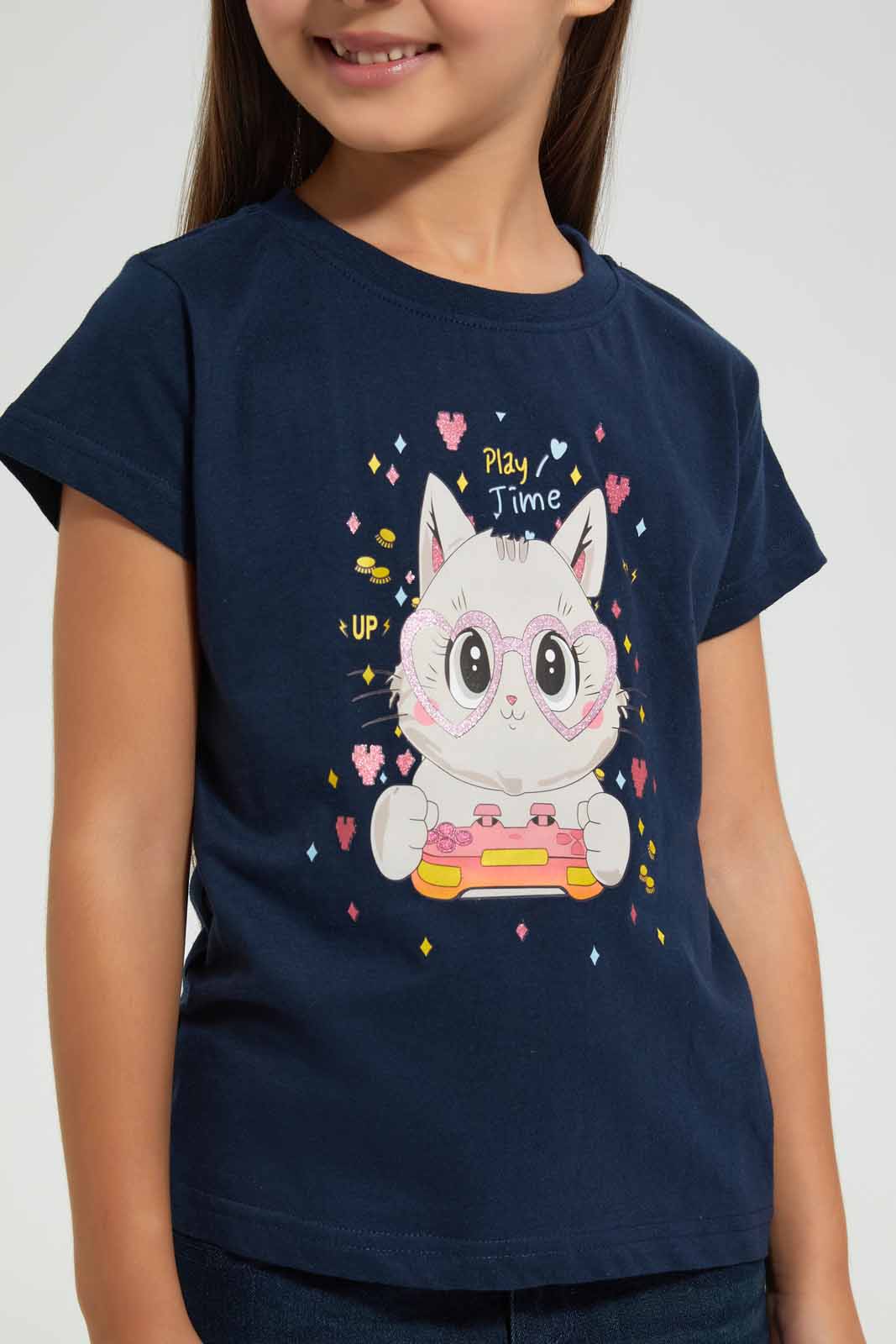 Redtag-Navy-Girls-Printed-T-Shirt-Graphic-T-Shirts-Girls-2 to 8 Years