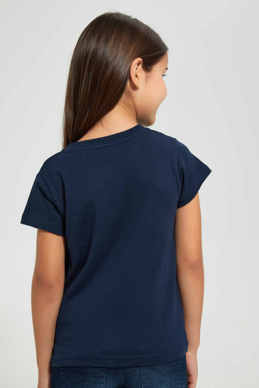 Redtag-Navy-Girls-Printed-T-Shirt-Graphic-T-Shirts-Girls-2 to 8 Years