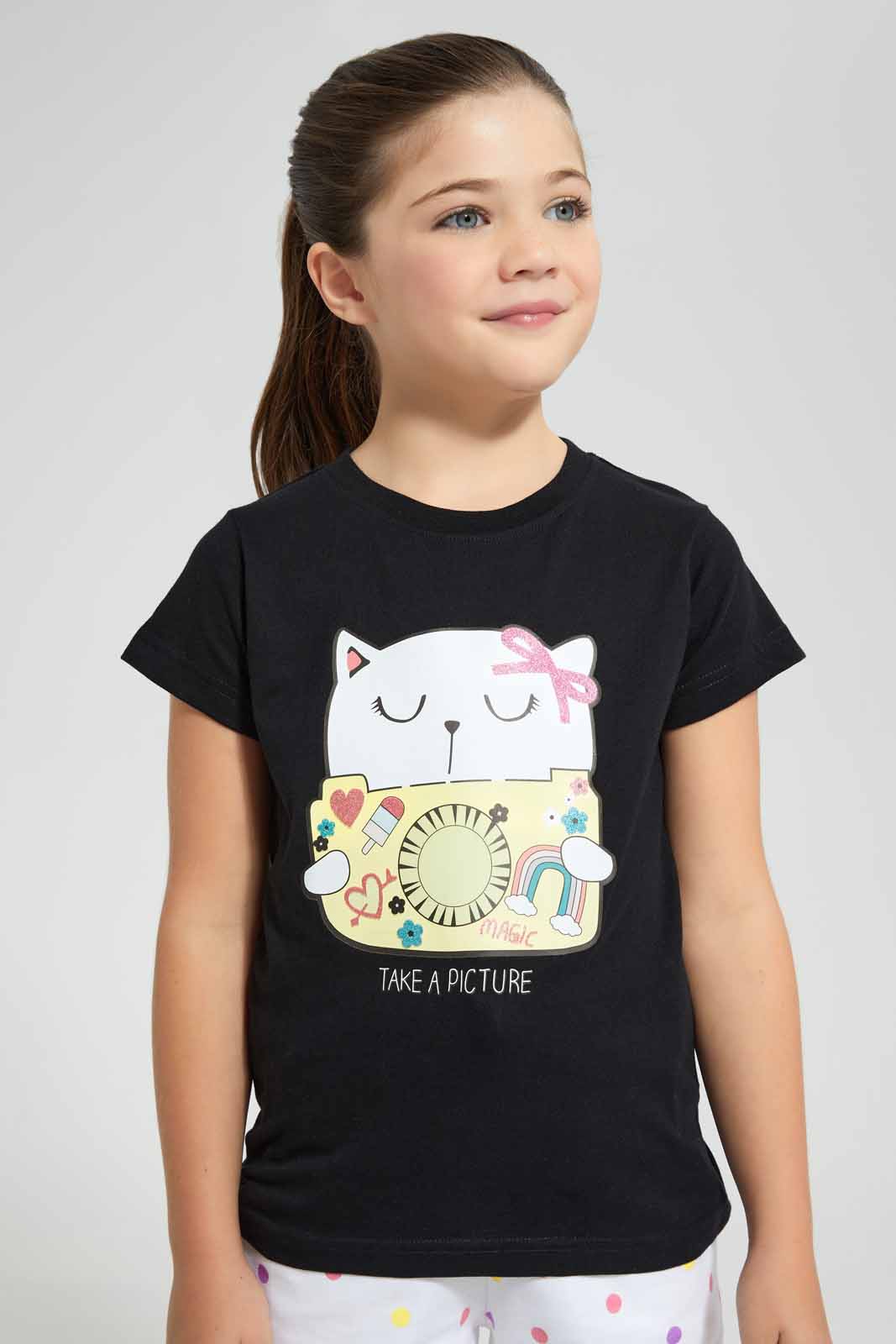 Redtag-Black-Girls-Printed-T-Shirt-Graphic-T-Shirts-Girls-2 to 8 Years