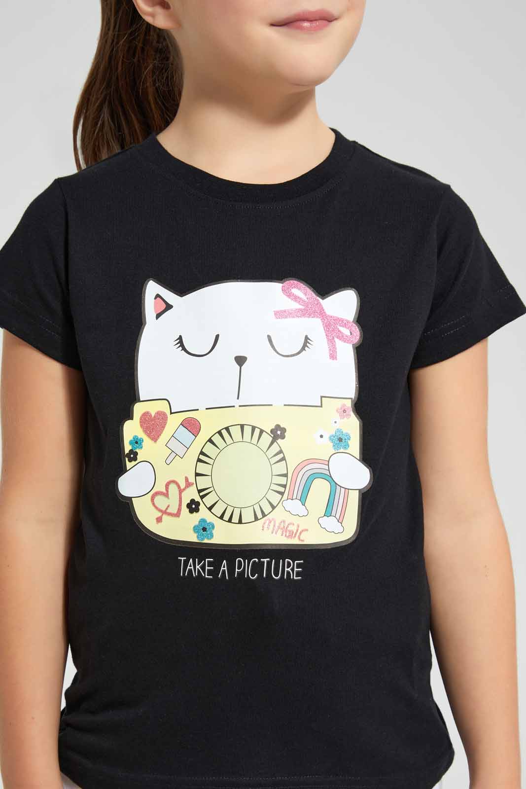 Redtag-Black-Girls-Printed-T-Shirt-Graphic-T-Shirts-Girls-2 to 8 Years