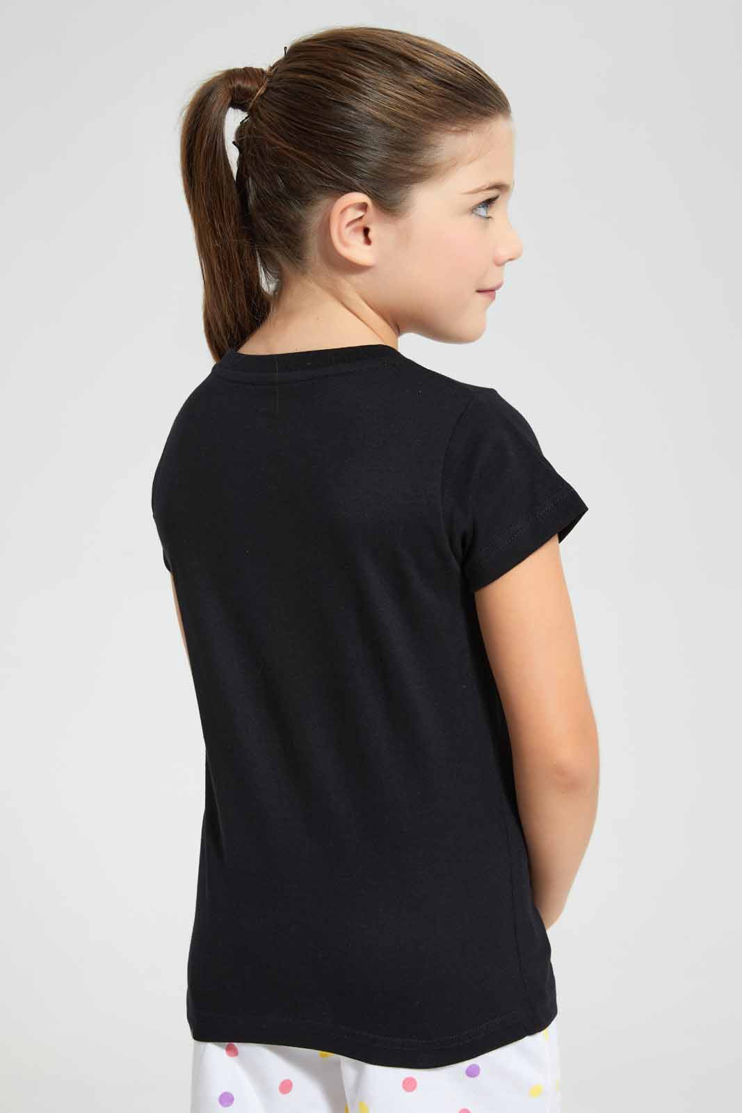 Redtag-Black-Girls-Printed-T-Shirt-Graphic-T-Shirts-Girls-2 to 8 Years