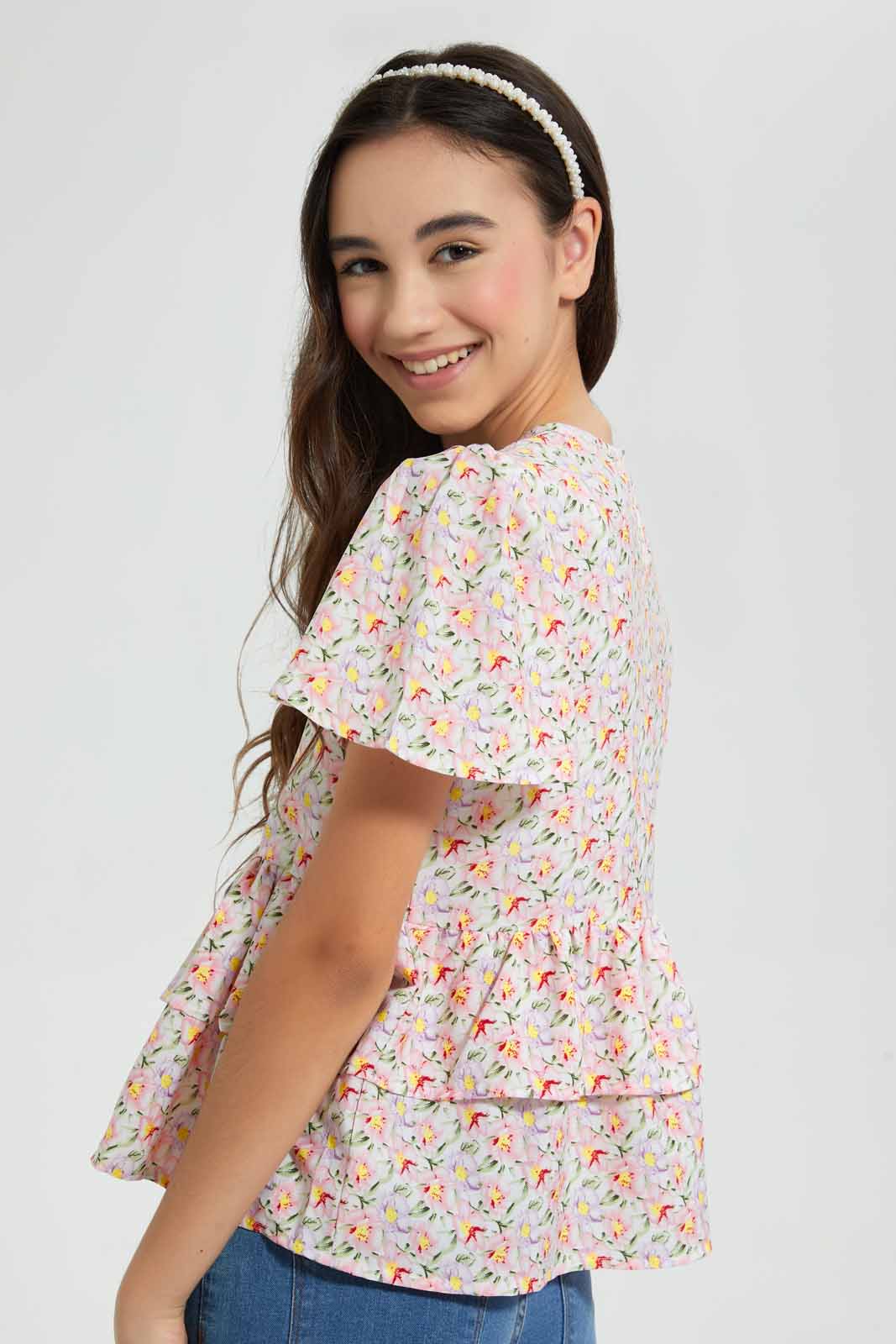 Redtag-Pink-Floral-Ruffled-Hem-Top-Tops-Senior-Girls-9 to 14 Years