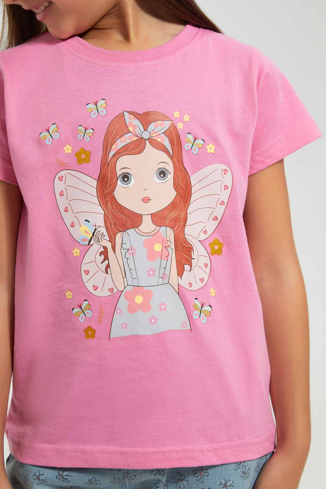 Redtag-Fuchsia-Girls-Printed-T-Shirt-Graphic-T-Shirts-Girls-2 to 8 Years