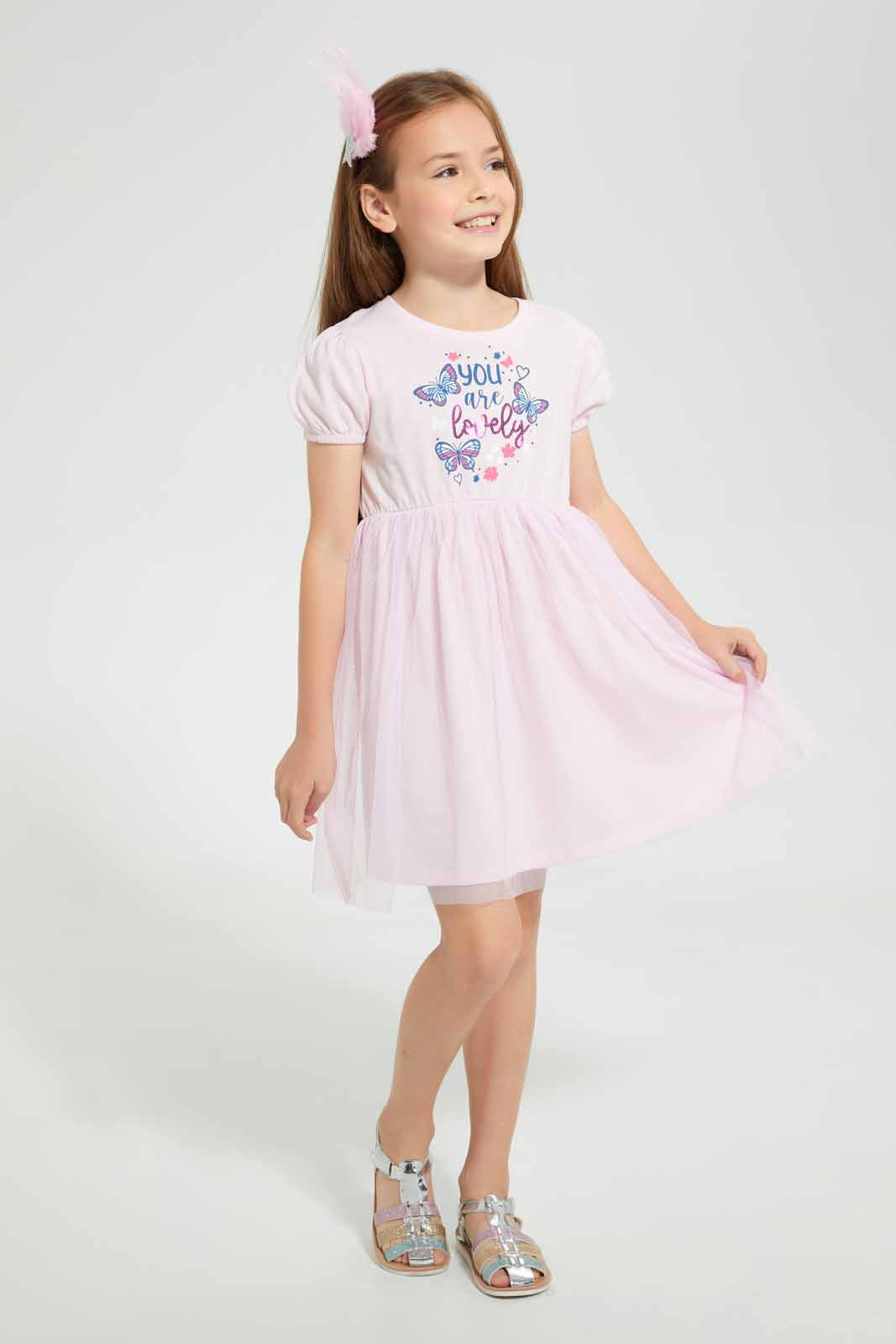 Redtag-Pink-Printed-Mesh-Bottom-Dress-Dresses-Girls-2 to 8 Years