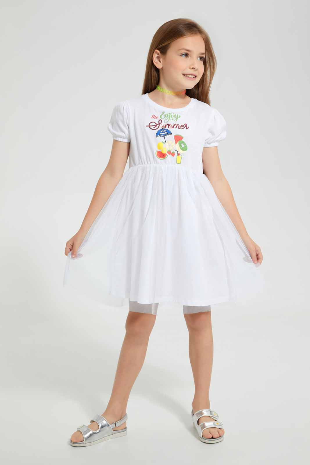 Redtag-White-Printed-Mesh-Bottom-Dress-Dresses-Girls-2 to 8 Years
