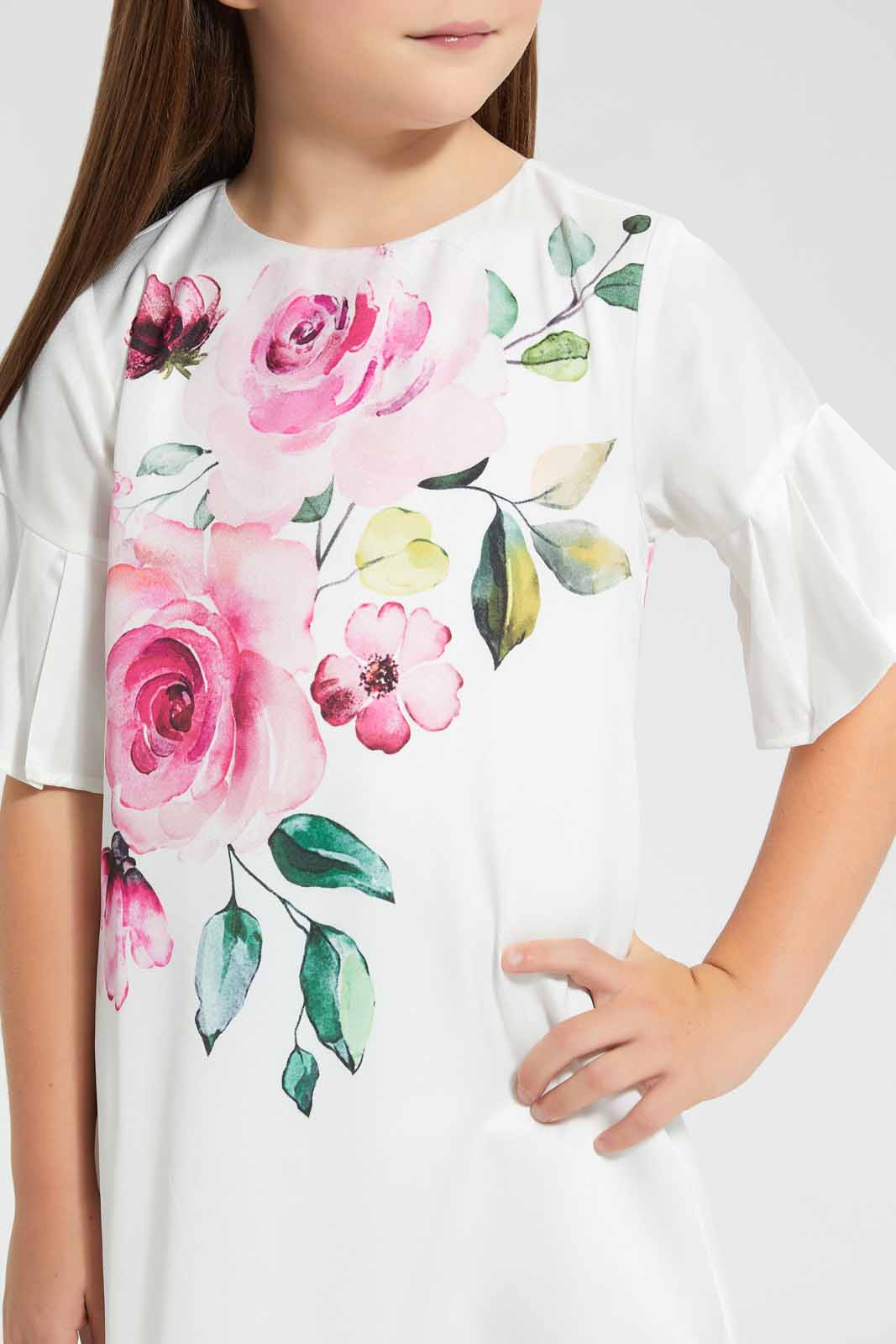 Redtag-Cream-Floral-Printed-Dress-Dresses-Girls-2 to 8 Years