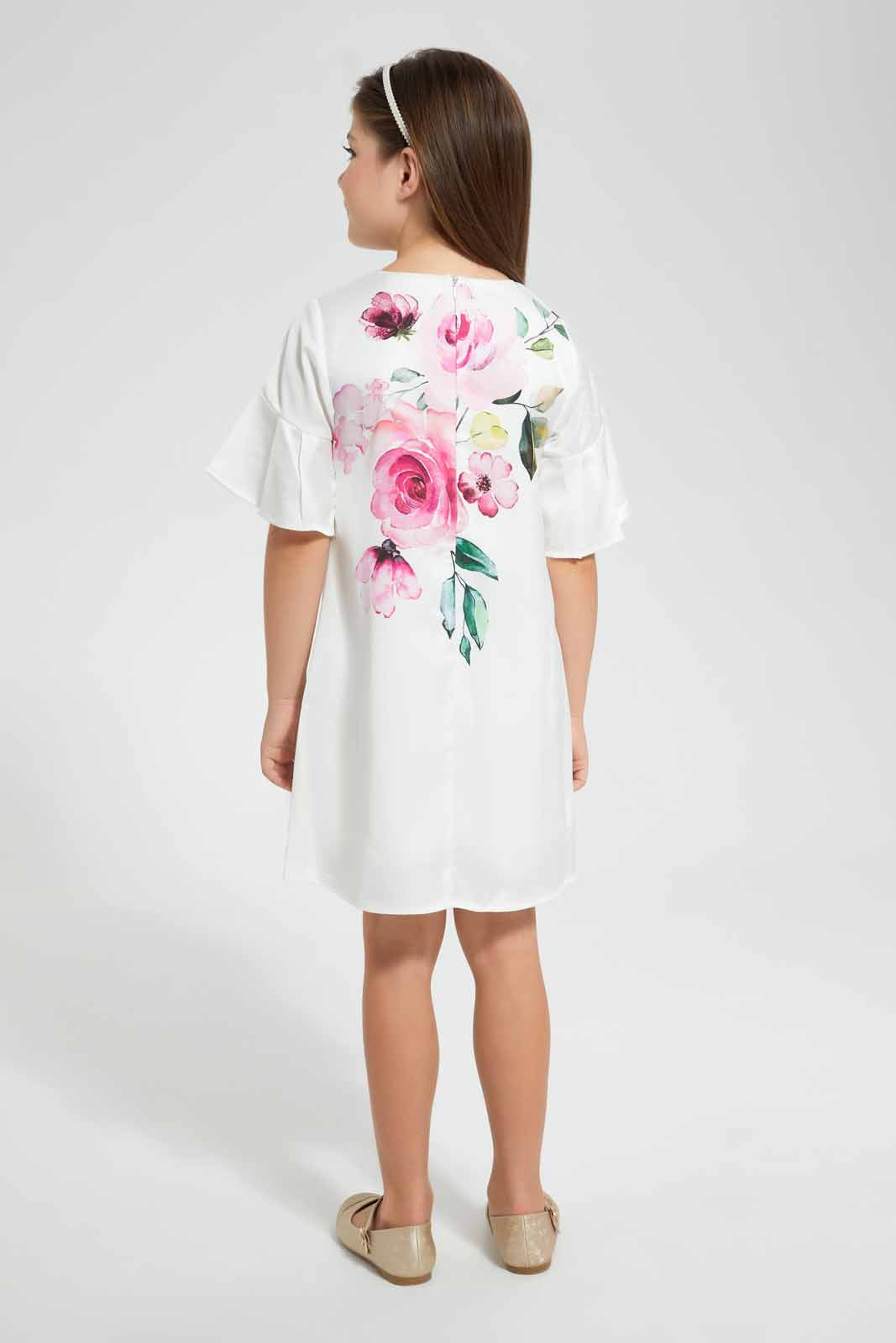 Redtag-Cream-Floral-Printed-Dress-Dresses-Girls-2 to 8 Years