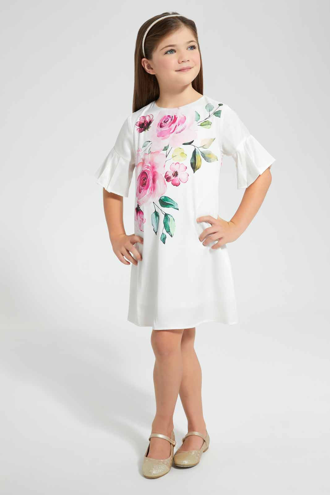 Redtag-Cream-Floral-Printed-Dress-Dresses-Girls-2 to 8 Years