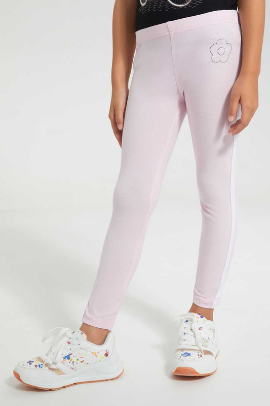 Redtag-Pink-Girls-Legging-With-Stripe-At-Side-Seam-Leggings-Girls-2 to 8 Years