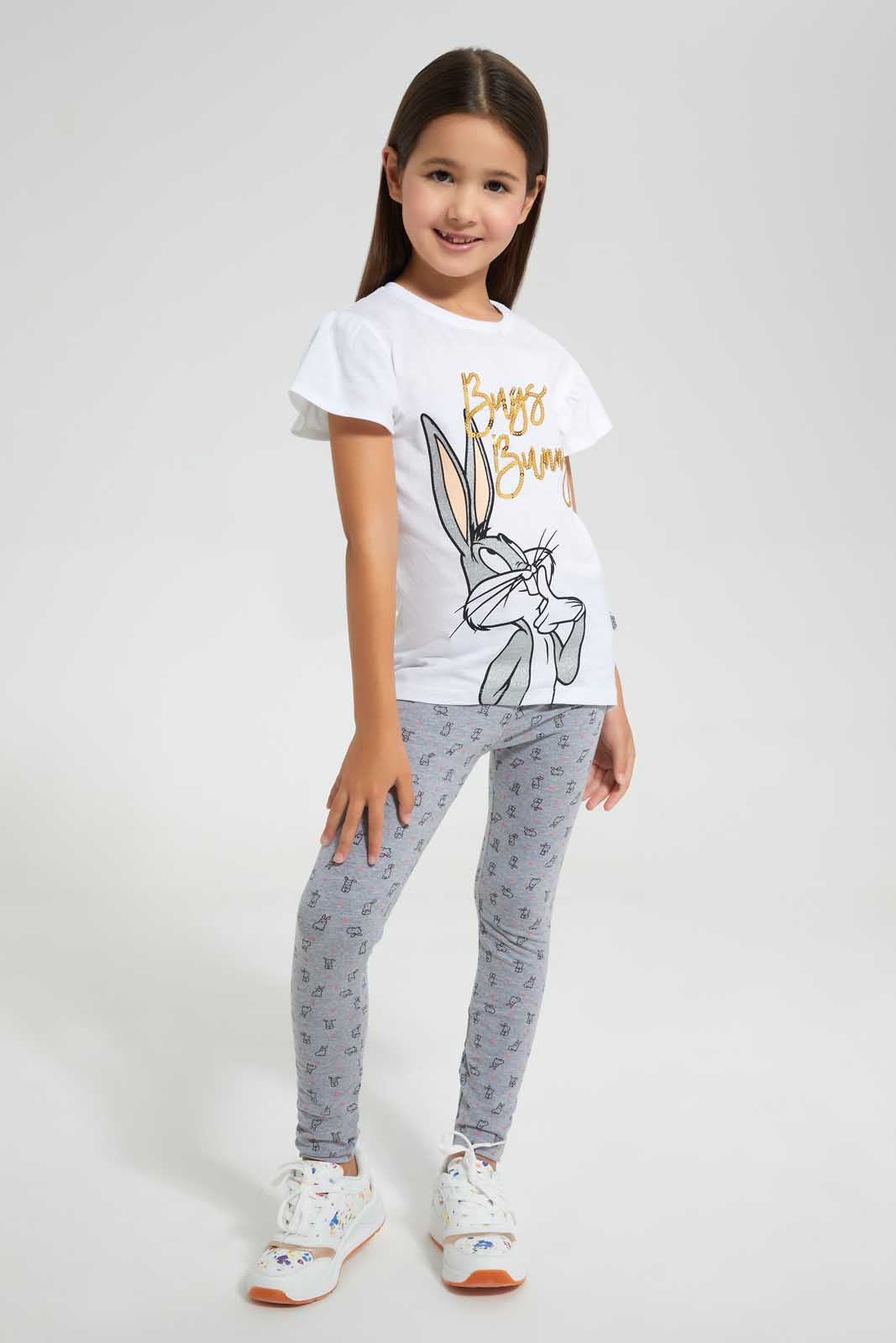 Redtag-Grey-Melange-Girls-Printed-Legging-Leggings-Girls-2 to 8 Years
