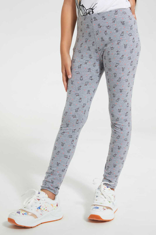 Redtag-Grey-Melange-Girls-Printed-Legging-Leggings-Girls-2 to 8 Years
