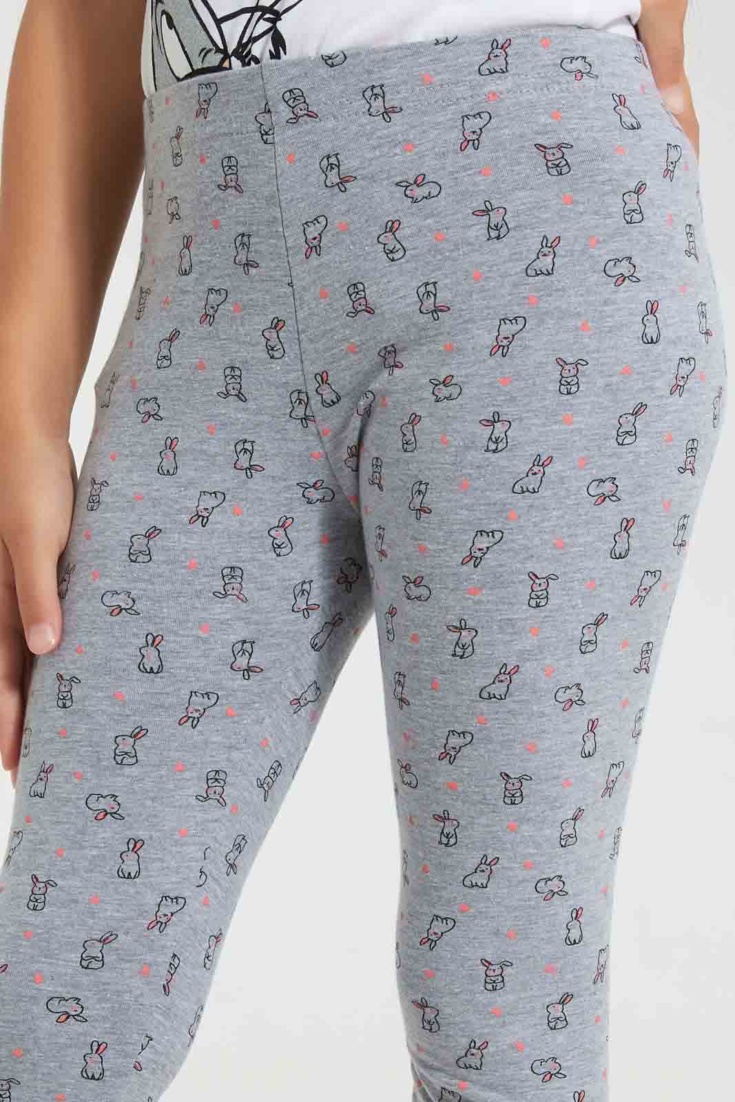 Redtag-Grey-Melange-Girls-Printed-Legging-Leggings-Girls-2 to 8 Years