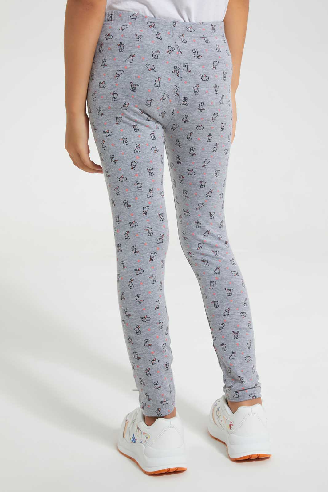 Redtag-Grey-Melange-Girls-Printed-Legging-Leggings-Girls-2 to 8 Years