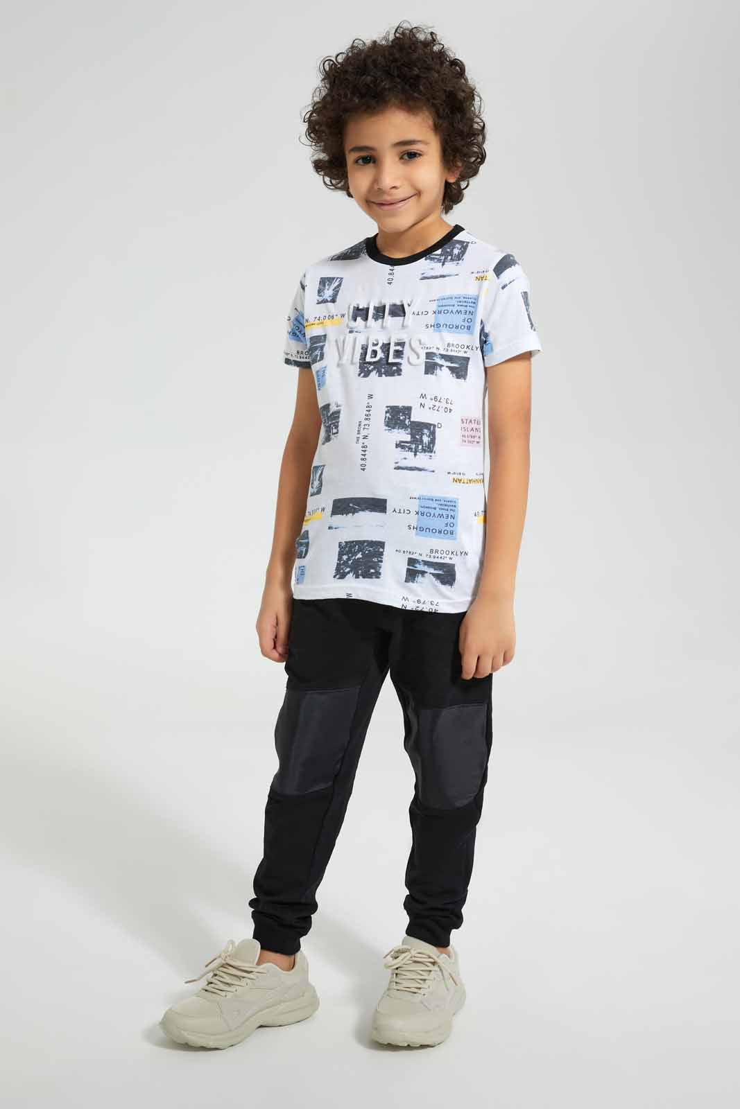 Redtag-White-Embossed-City-Print-T-Shirt-Graphic-T-Shirts-Boys-2 to 8 Years