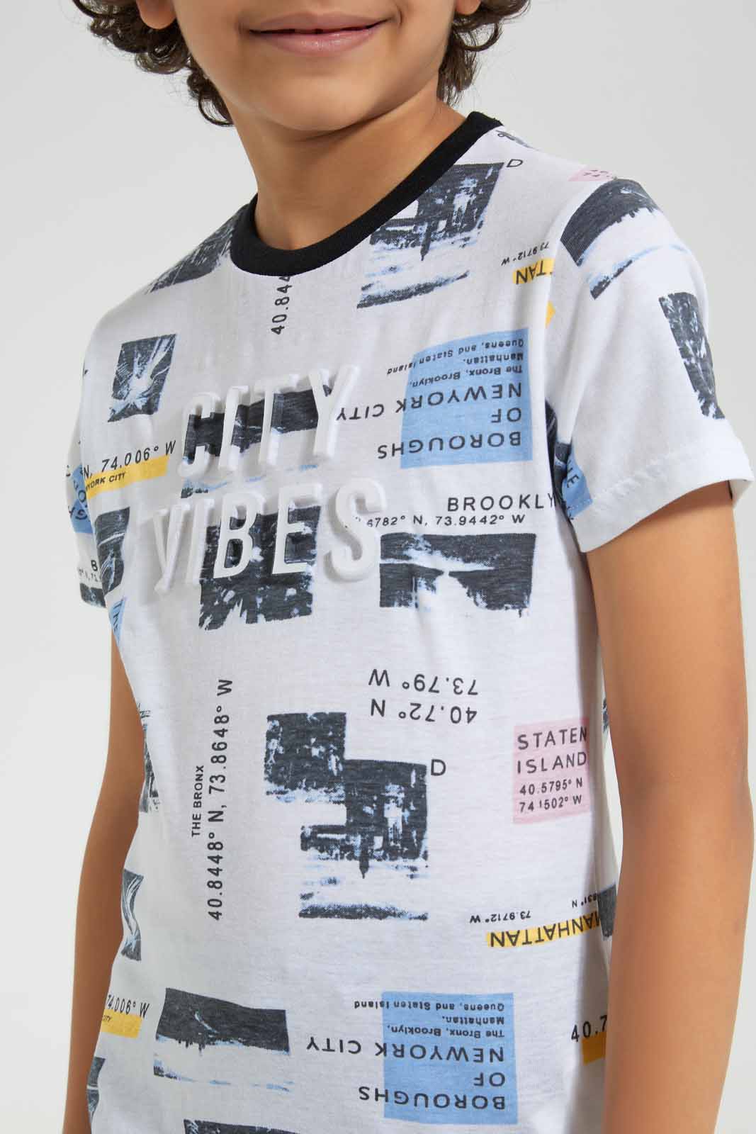 Redtag-White-Embossed-City-Print-T-Shirt-Graphic-T-Shirts-Boys-2 to 8 Years
