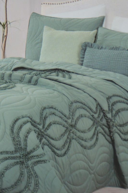 Redtag-Green-Bedspread-Set-With-Frill-
-(Double-Size)-Category:Bedspreads,-Colour:Green,-Filter:Home-Bedroom,-HMW-BED-Bedspreads,-Non-Sale,-S22C,-Section:Homewares-Home-Bedroom-