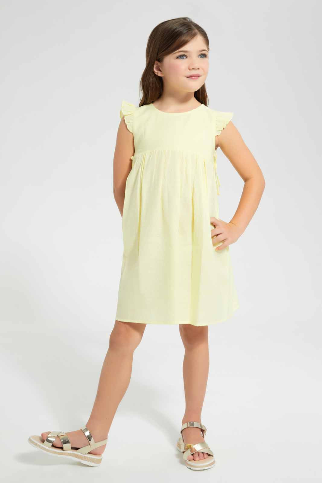 Redtag-Yellow-Dobby-Basic-Dress-Dresses-Girls-2 to 8 Years