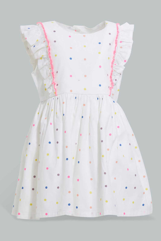 Redtag-White-Printed-Polka-Dot-Dress-With-Frills-Dresses-Infant-Girls-3 to 24 Months