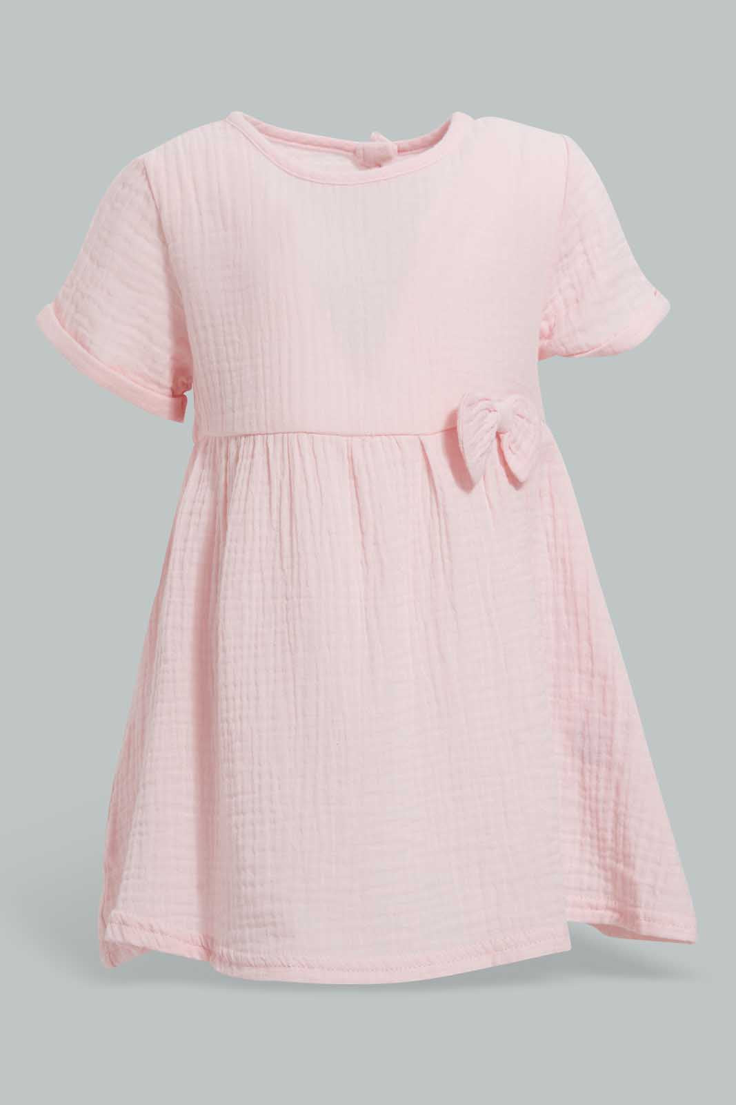 Redtag-Pink-Casual-Dress-With-Front-Bow-Dresses-Infant-Girls-3 to 24 Months