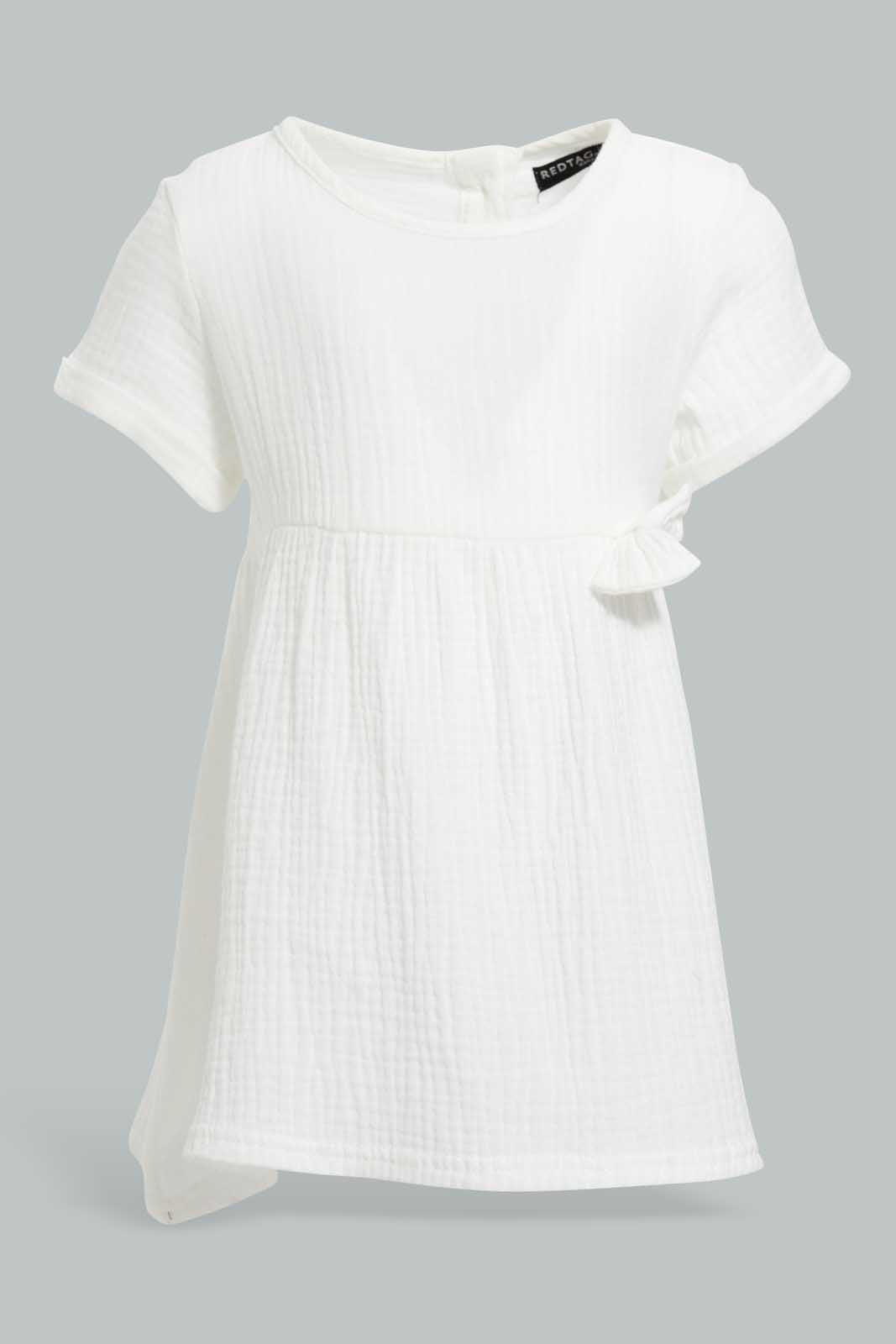Redtag-White-Casual-Dress-With-Front-Bow-Dresses-Infant-Girls-3 to 24 Months