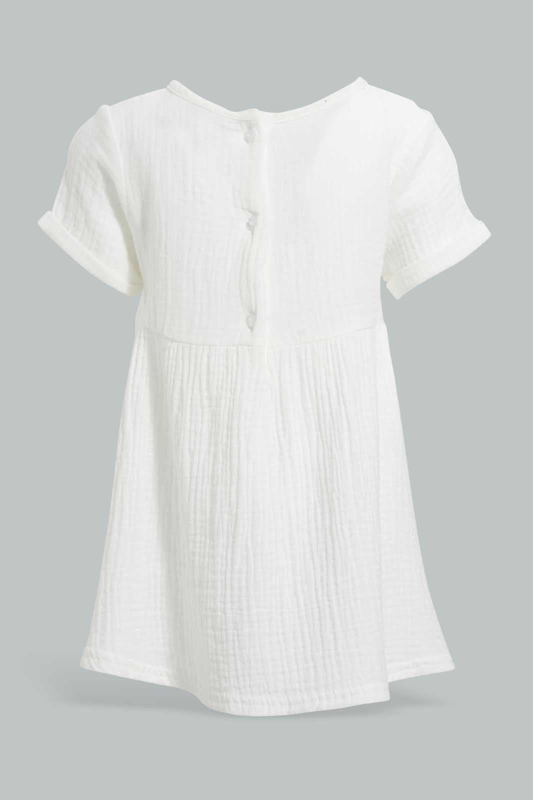Redtag-White-Casual-Dress-With-Front-Bow-Dresses-Infant-Girls-3 to 24 Months