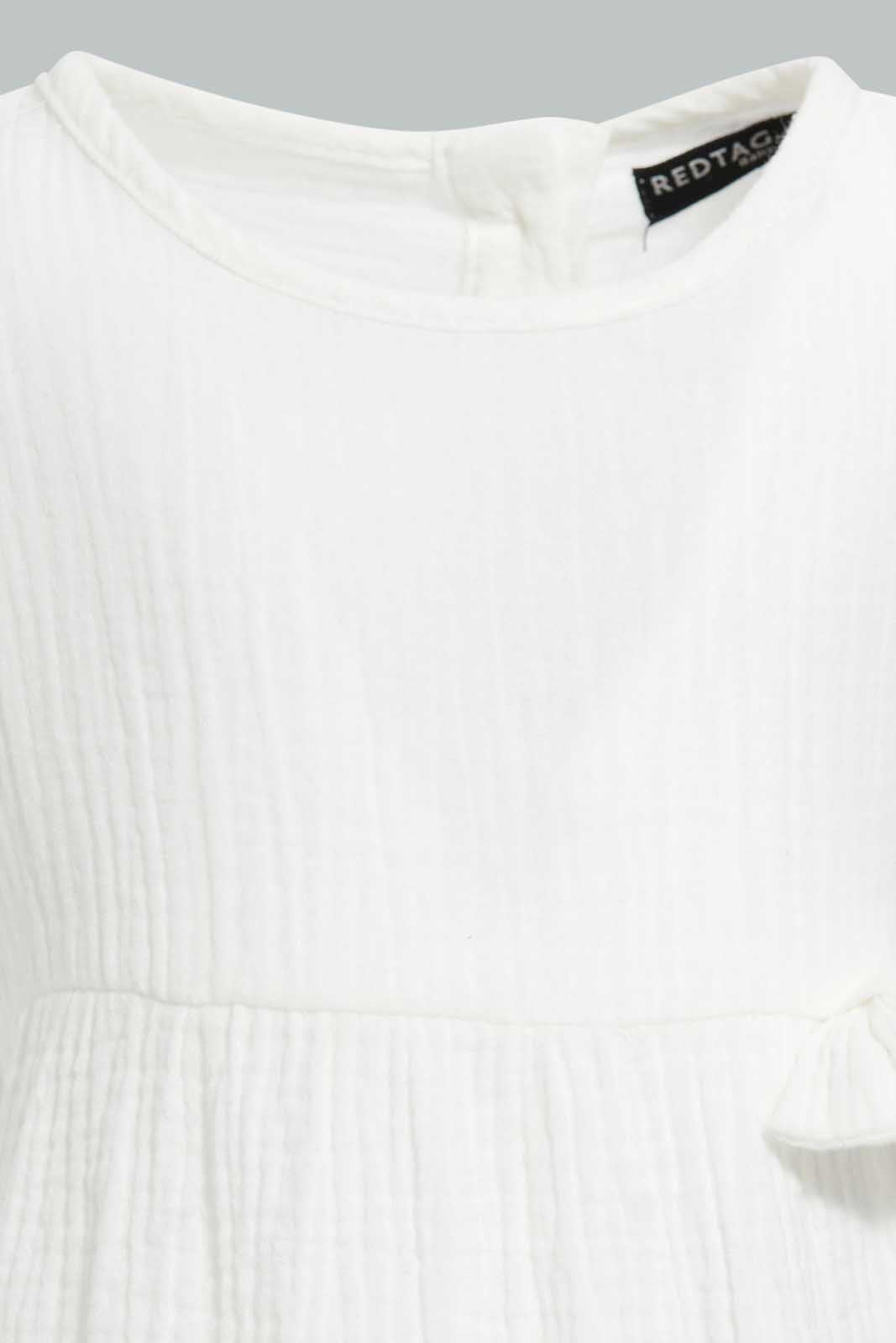 Redtag-White-Casual-Dress-With-Front-Bow-Dresses-Infant-Girls-3 to 24 Months