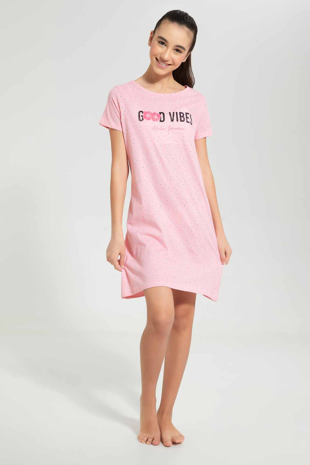 Redtag-Pink-Ruffled-Sleeve-NightShirt-Nightshirts-Senior-Girls-9 to 14 Years